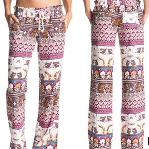 ROXY Oceanside Pant - XS - Beautiful Bohemian Print - elasticized waist - flare